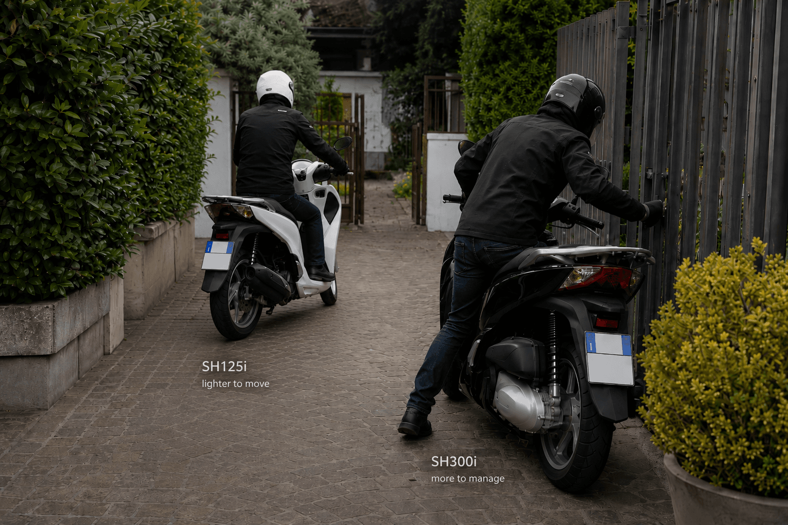 Riders maneuver a white Honda SH125i and black SH300i through a narrow residential parking passage.