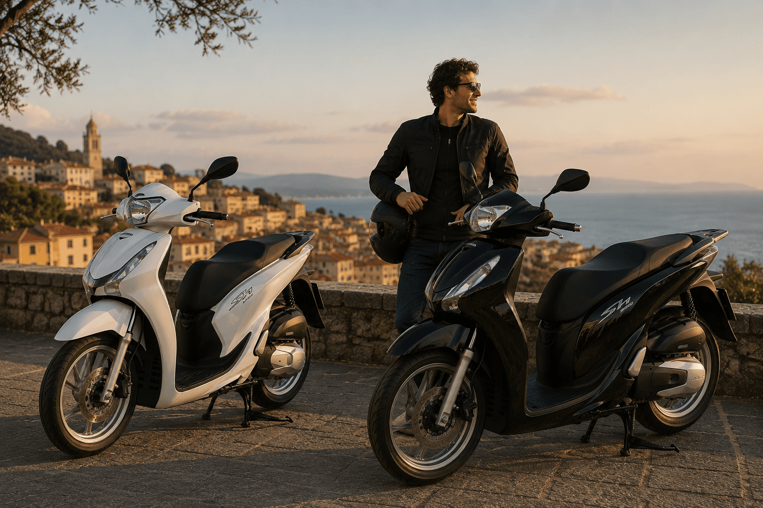 Illustrative closing scene showing a white Honda SH125i and a black Honda SH300i overlooking an Italian town.